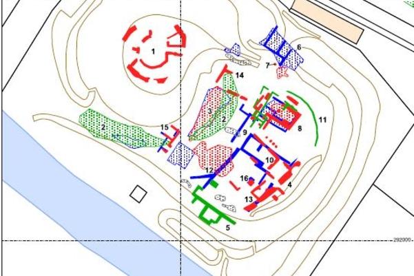 The results of the earth resistance (blue), GPR (red) and magnetometry (green) surveys