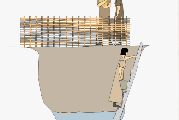 A reconstruction drawing of the ladder being used in an Iron Age well
